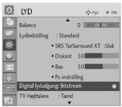 LYD Balance 0 Lydindstilling : Standard • SRS TurSurround XT :Sluk • Diskant 50 • Bas 50 • Pc-indstilling Digital lydudgang: Bitstream TV Højttalere : Tænd