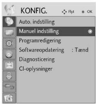 KONFIG. Auto. indstilling Manuel indstilling Programredigering Softwareopdatering : Tænd Diagnosticering CI-oplysninger