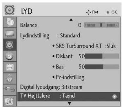 LYD Balance 0 Lydindstilling : Standard • SRS TurSurround XT :Sluk • Diskant 50 • Bas 50 • Pc-indstilling Digital lydudgang: Bitstream TV Højttalere : Tænd
