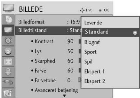 BILLEDE Billedformat : 16:9 Billedtilstand : Stand • Kontrast 90 • Lys 50 • Skarphed 60 • Farve 60 • Farvetone 0 • Avanceret betjening Levende Standard Biograf Sport Spil Ekspert 1 Ekspert 2