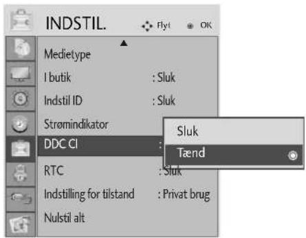 INDSTIL. Medietype I butik : Sluk Indstil ID : Sluk Stromindikator DDC CI Sluk Tænd RTC : Sluk Indstilling for tilstand : Privat brug Nulstil alt