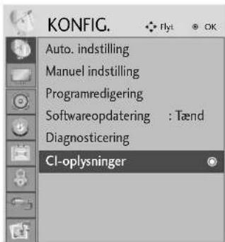 KONFIG. Auto. indstilling Manuel indstilling Programredigering Softwareopdatering : Tænd Diagnosticering CI-oplysninger