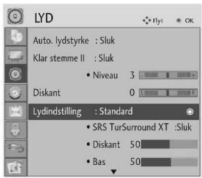 LYD Auto. lydstyrke : Sluk Klar stemme II : Sluk Niveau 3 Diskant 0 Lydindstilling : Standard SRS TurSurround XT :Sluk Diskant 50 Bas 50