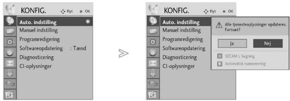 KONFIG. Flyt OK Auto. indstilling Manuel indstilling Programredigering Softwareopdatering : Tænd Diagnosticering CI-oplysninger KONFIG. Flyt OK Auto. indstilling Manuel indstilling Programredigering Softwareopdatering Diagnosticering CI-oplysninger Alle tjenesteoplysninger opdateres. Fortsæt? Ja Nej SECAM L Søgning Automatisk nummerering