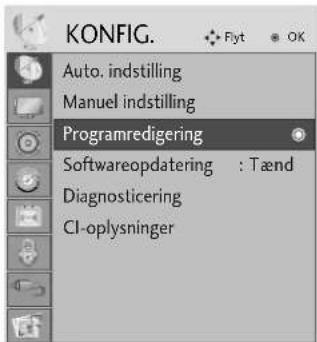 KONFIG. Auto. indstilling Manuel indstilling Programredigering Softwareopdatering : Tænd Diagnosticering CI-oplysninger
