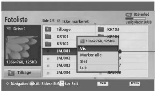 Fotoliste Side 2/3 Ikke markeret USB-enhad Drive1 Tilbage KR103 KR101 KR104 KR102 1366x768, 125KB JMJ001 Vis Marker alle Slet Luk 1366*768, 125KB JMJ002 JMJ003 JMJ004 JMJ008 Tilbage Navigation Impstil. SideskiftRicker Exit MARK RETURN