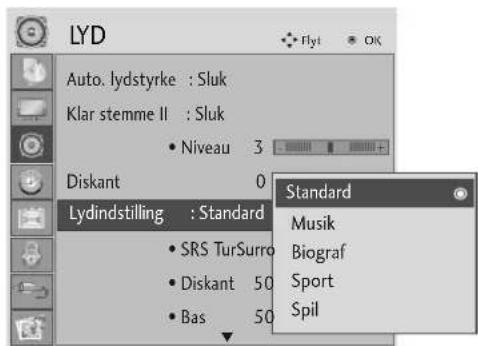 LYD Auto. lydstyrke : Sluk Klar stemme II : Sluk • Niveau 3 Diskant 0 Lydindstilling : Standard • SRS TurSurro • Diskant 50 • Bas 50 Standard Musik Biograf Sport Spil