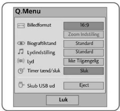 Q.Menu Billedformat 16:9 Zoom Indstilling Biografttilstand Standard Lydindstilling Standard Lyd Ikke Tilgængelig Timer lænd/sluk Sluk Skub USB ud Eject Luk