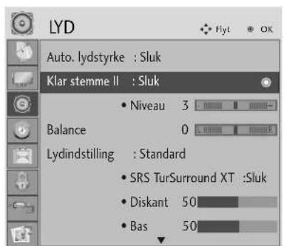 LYD Auto. lydstyrke : Sluk Klar stemme II : Sluk Niveau 3 Balance 0 Lydindstilling : Standard SRS TurSurround XT :Sluk Diskant 50 Bas 50
