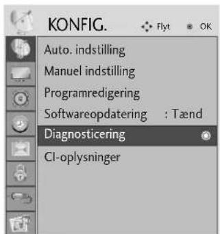 KONFIG. Auto. indstilling Manuel indstilling Programredigering Softwareopdatering : Tænd Diagnosticering CI-oplysninger