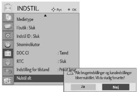 INDSTIL. Flyt OK Medietype I butik : Sluk Indstil ID : Sluk Strømindikator DDC CI : Tænd RTC : Sluk Indstilling for tilstand : Privat brug Nulstil alt Vile brugerindstillinger og kanalindstillinger bliver nulstilet. Vil du stadig forsætte? Ja Nej