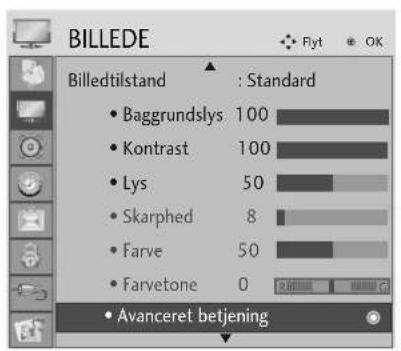 BILLEDE Billedtilstand : Standard Baggrundslys 100 Kontrast 100 Lys 50 Skarphed 8 Farve 50 Farvetone 0 Avanceret betjening