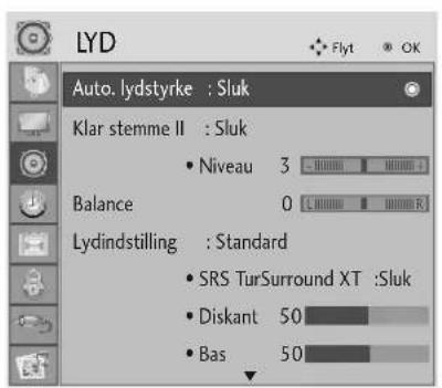 LYD Auto. lydstyrke : Sluk Klar stemme II : Sluk • Niveau 3 Balance 0 Lydindstilling : Standard • SRS TurSurround XT :Sluk • Diskant 50 • Bas 50
