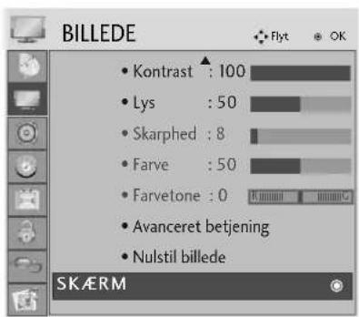 BILLEDE • Kontrast : 100 • Lys : 50 • Skarphed : 8 • Farve : 50 • Farvetone : 0 • Avanceret betjening • Nulstil billede SKÆRM