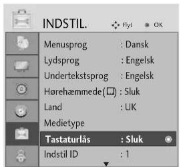 INDSTIL. Menusprog : Dansk Lydsprog : Engelsk Undertekstsprog : Engelsk Hørehæmmede(□) : Sluk Land : UK Medietype Tastaturlås : Sluk Indstil ID : 1