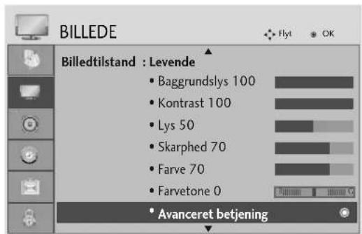 BILLEDE Billedtilstand : Levende Baggrundslys 100 Kontrast 100 Lys 50 Skarphed 70 Farve 70 Farvetone 0 Avanceret betjening