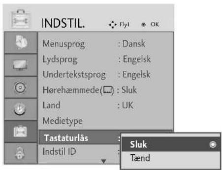 INDSTIL. Flyt OK Menusprog : Dansk Lydsprog : Engelsk Undertekstsprog : Engelsk Hørehæmmede(□) : Sluk Land : UK Medietype Tastaturlås Indstil ID Sluk Tænd