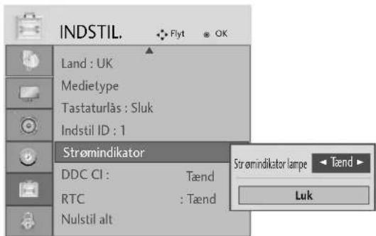 INDSTIL. Flyt OK Land : UK Medietype Tastaturlås : Sluk Indstil ID : 1 Strømindikator DDC CI : Tænd RTC : Tænd Nulstil alt Strømindikator lampe ← Tænd → Luk
