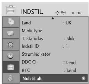 INDSTIL. Land : UK Medietype Tastaturlås : Sluk Indstil ID : 1 Strømindikator DDC CI : Tænd RTC : Tænd Nulstil alt