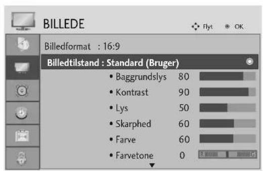 BILLEDE Billedformat : 16:9 Billedtilstand : Standard (Bruger) Baggrundslys 80 Kontrast 90 Lys 50 Skarphed 60 Farve 60 Farvetone 0