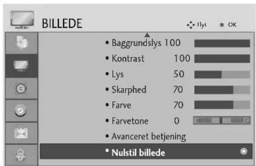 BILLEDE Baggrundslys 100 Kontrast 100 Lys 50 Skarphed 70 Farve 70 Farvetone 0 Avanceret betjening Nulstil billede