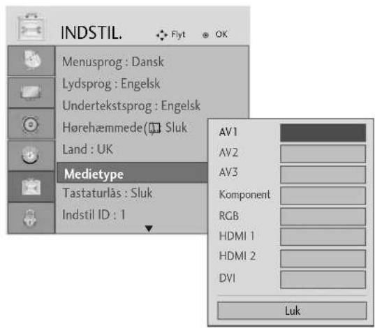 INDSTIL. Flyt OK Menusprog : Dansk Lydsprog : Engelsk Undertekstsprog : Engelsk Hørehæmmede( Sluk Land : UK Medietype Tastaturlås : Sluk Indstil ID : 1 AV1 AV2 AV3 Komponent RGB HDMI 1 HDMI 2 DVI Luk