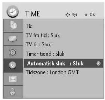 TIME Tid TV fra tid : Sluk TV til : Sluk Timer tænd : Sluk Automatisk sluk : Sluk Tidszone : London GMT