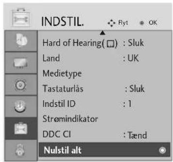 INDSTIL. Hard of Hearing(□) : Sluk Land : UK Medietype Tastaturlås : Sluk Indstil ID : 1 Strømindikator DDC CI : Tænd Nulstil alt
