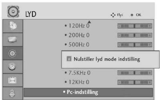 LYD • 120Hz 0 • 200Hz 0 • 500Hz 0 • Nulstiller lyd mode indstilling • 7.5KHz 0 • 12KHz 0 • Pc-indstilling