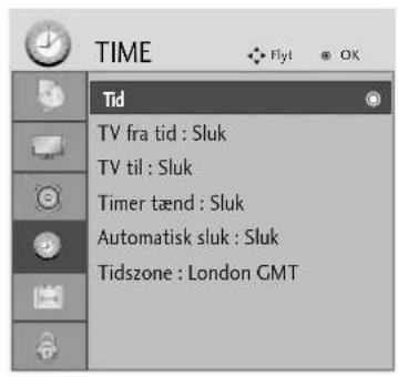 TIME Tid TV fra tid : Sluk TV til : Sluk Timer tænd : Sluk Automatisk sluk : Sluk Tidszone : London GMT