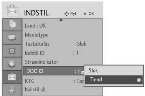 INDSTIL. Land : UK Medietype Tastaturlås : Sluk Indstil ID : 1 Strømindikator DDC CI : Tæ RTC : Tæ Nulstil alt Sluk Tænd