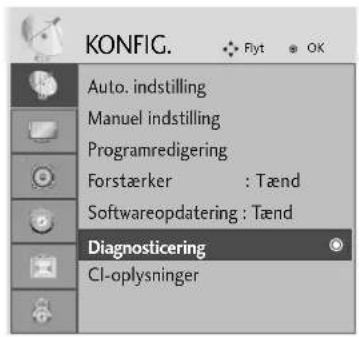 KONFIG. Auto. indstilling Manuel indstilling Programredigering Forstærker : Tænd Softwareopdatering : Tænd Diagnosticering CI-oplysninger