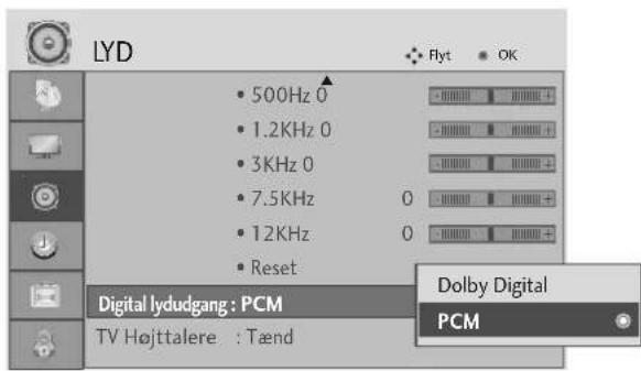 LYD 500Hz 0 1.2KHz 0 3KHz 0 7.5KHz 0 12KHz 0 Reset Digital lydudgang : PCM TV Højttalere : Tænd Flyt OK Dolby Digital PCM