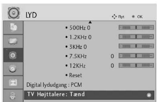 LYD • 500Hz 0 • 1.2KHz 0 • 3KHz 0 • 7.5KHz 0 • 12KHz 0 • Reset Digital lydudgang : PCM TV Højttalere: Tænd