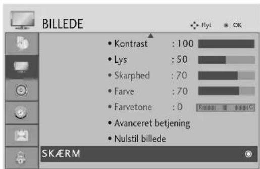 BILLEDE • Kontrast : 100 • Lys : 50 • Skarphed : 70 • Farve : 70 • Farvetone : 0 • Avanceret betjening • Nulstil billede SKÆRM