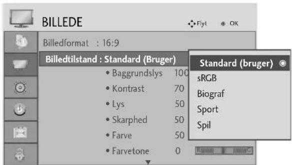 BILLEDE Billedformat : 16:9 Billedtilstand : Standard (Bruger) • Baggrundslys 100 • Kontrast 70 • Lys 50 • Skarphed 50 • Farve 50 • Farvetone 0 Standard (bruger) sRGB Biograf Sport Spil