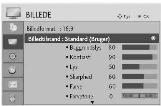 BILLEDE Billedformat : 16:9 Billedtilstand : Standard (Bruger) • Baggrundslys 80 • Kontrast 90 • Lys 50 • Skarphed 60 • Farve 60 • Farvetone 0