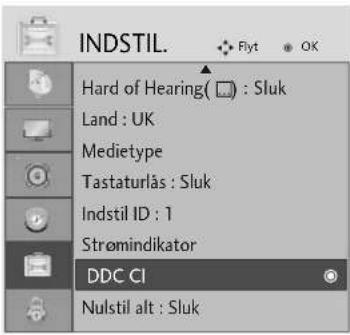 INDSTIL. Hard of Hearing( □ ) : Sluk Land : UK Medietype Tastaturlås : Sluk Indstil ID : 1 Strømindikator DDC CI Nulstil alt : Sluk