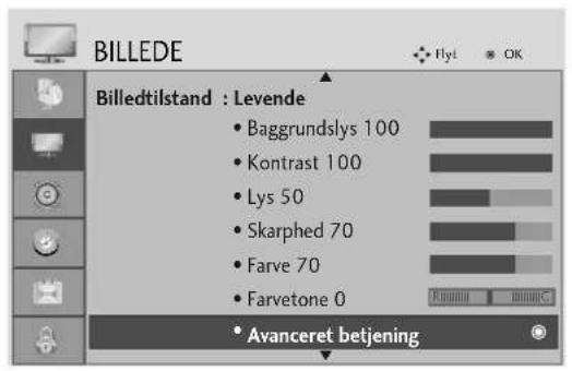 BILLEDE Billedtilstand : Levende • Baggrundslys 100 • Kontrast 100 • Lys 50 • Skarphed 70 • Farve 70 • Farvetone 0 • Avanceret betjening