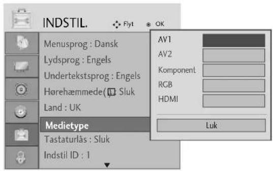 INDSTIL. Flyt OK Menusprog : Dansk Lydsprog : Engels Undertekstsprog : Engels Hørehæmmede ( Sluk Land : UK Medietype Tastaturlås : Sluk Indstil ID : 1 AV1 AV2 Komponent RGB HDMI Luk
