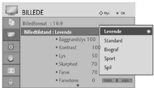 BILLEDE Billedformat : 16:9 Billedtilstand : Levende • Baggrundslys 100 • Kontrast 100 • Lys 50 • Skarphed 70 • Farve 70 • Farvetone 0 Levende Standard Biograf Sport Spil