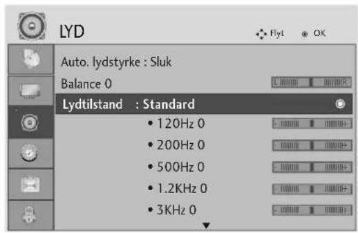 LYD Auto. lydstyrke : Sluk Balance 0 L120Hz 0 200Hz 0 500Hz 0 1.2KHz 0 3KHz 0 L120Hz 0 L120Hz 0 L120Hz 0 L120Hz 0 L120Hz 0 L120Hz 0 L120Hz 0 L120Hz 0 L120Hz 0 L120Hz 0 L120Hz 0 L120Hz 0 L120Hz 0
