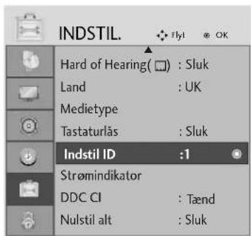 INDSTIL. Hard of Hearing( □) : Sluk Land : UK Medietype Tastaturlås : Sluk Indstil ID :1 Strømindikator DDC CI : Tænd Nulstil alt : Sluk
