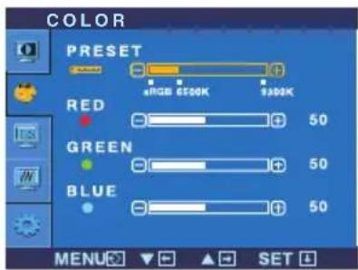 COLOR PRESET RGB 650K 930K RED 50 GREEN 50 BLUE 50 MENU SET