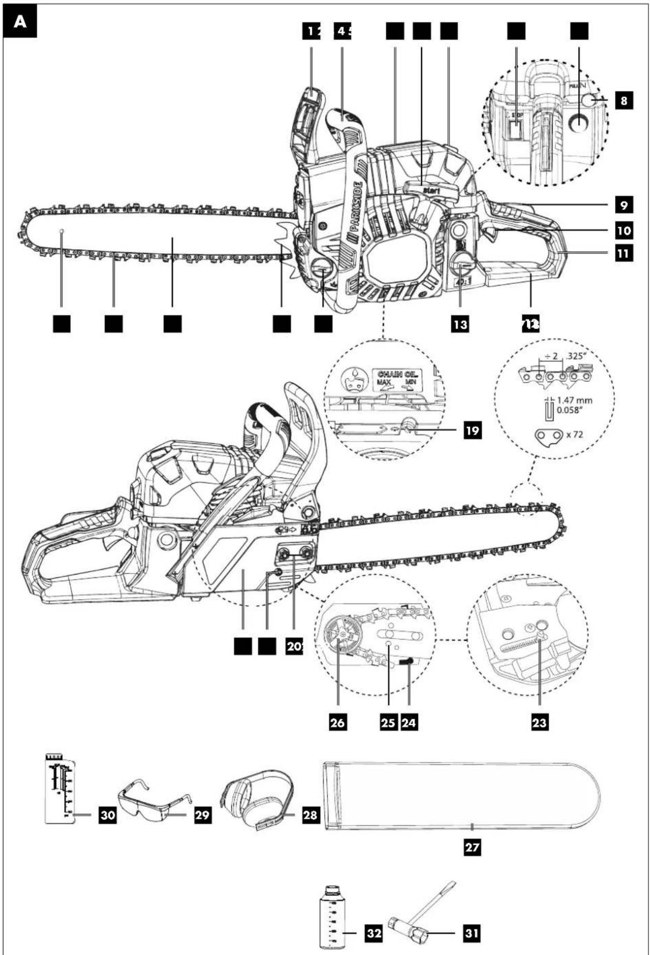 A 1 2 4 5 8 9 10 11 13 12 CHAIN OIL MAX MIN +2 325" 1.47 mm 0.058" x 72 19 20 26 25 24 23 30 29 28 27 32 31