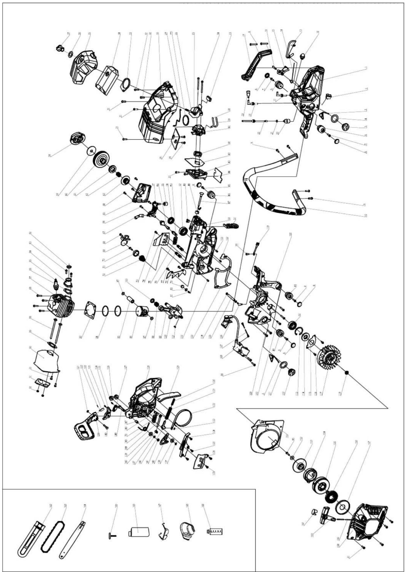 Exploded view diagram of a mechanical assembly with numbered parts and exploded views