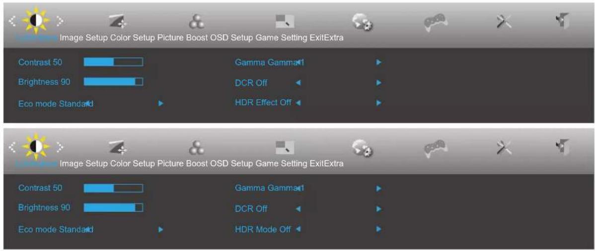 Image Setup Color Setup Picture Boost OSD Setup Game Setting ExitExtra Contrast 50 Gamma Gamma1 Brightness 90 DCR Off Eco mode Standard HDR Effect Off Image Setup Color Setup Picture Boost OSD Setup Game Setting ExitExtra Contrast 50 Gamma Gamma1 Brightness 90 DCR Off Eco mode Standard HDR Mode Off