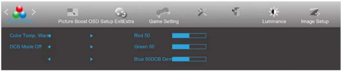 Picture Boost OSD Setup ExitExtra Game Setting Luminance Image Setup Color Temp. Warm DCB Mode Off Red 50 Green 50 Blue 50DCB Dem