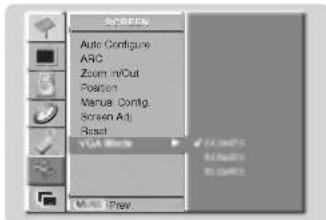 SCREEN Auto Configure ARG Zoom in/Out Position Manus Config. Screen Adj Reset VGA Block Multi-Prev