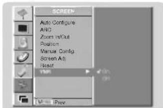 SCREEN Auto Configure ANG Zoom in/Out Position Manus Config. Screen Adj Reset YMM Prev
